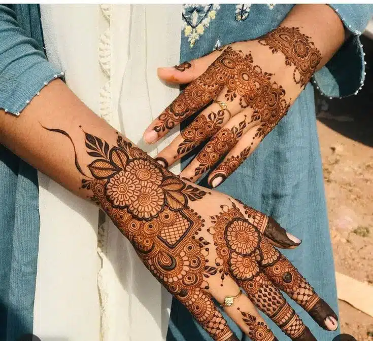 Simple Pakistani mehndi design for front hand with round pattern