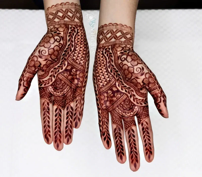 Pakistani mehndi designs with dark stain for bridal full hands